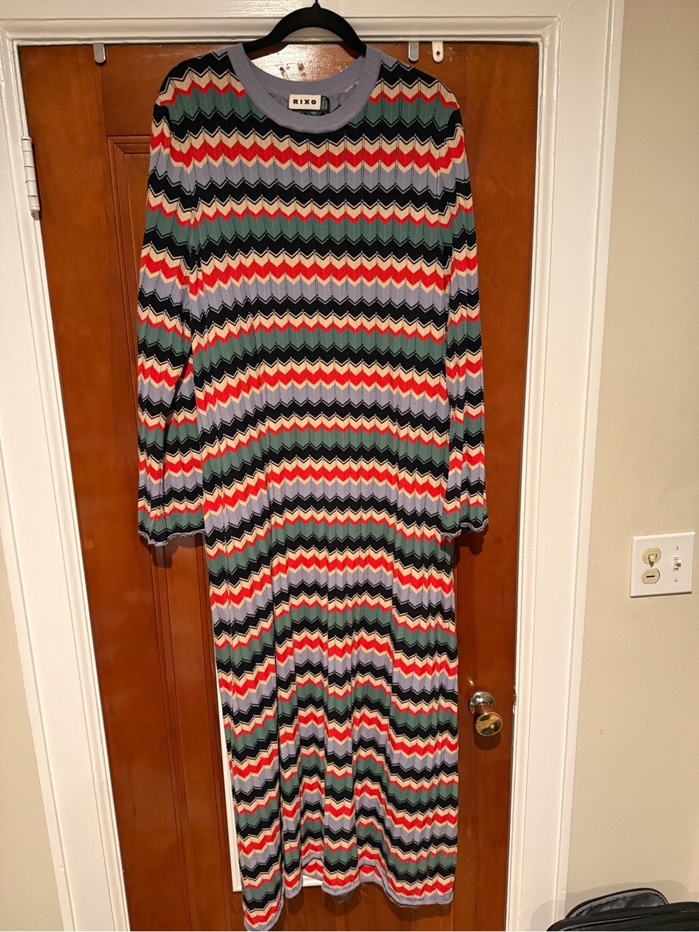 RIXO Knit Zigzag Stripe Knit Dress in Red, Green, Black, Cream